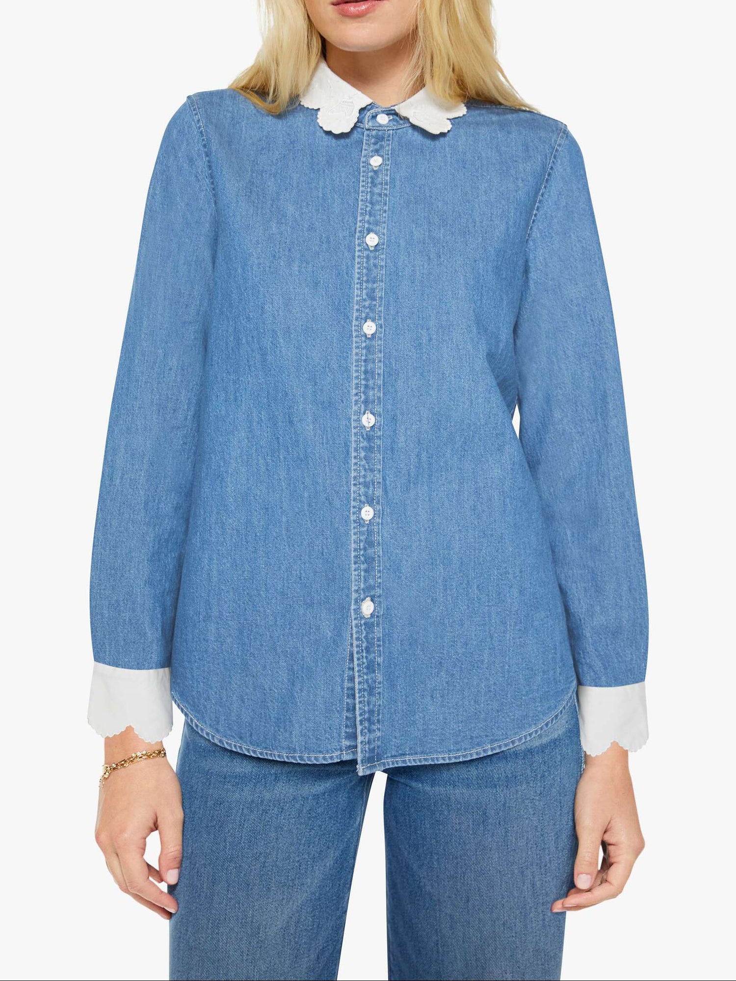 Mother The Frilly Foxy Boxy Shirt at boltranchstore.com  free shipping womens western shirt in stock Woman wearing a blue denim shirt with a white collar 