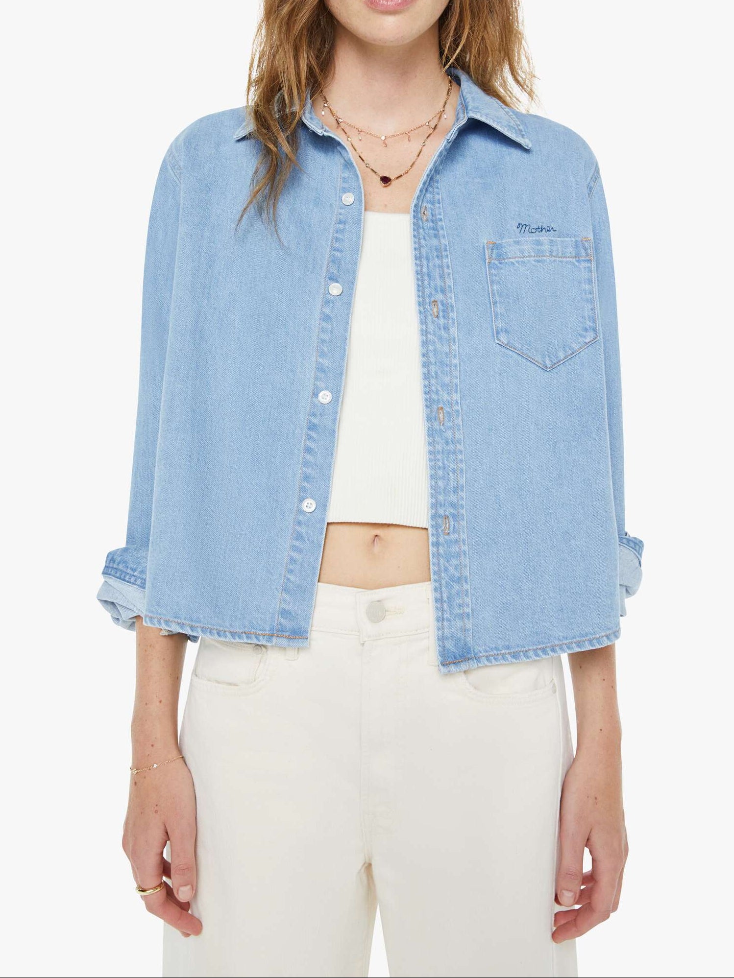 Mother The Honor Roll In Grand Slam at boltranchstore.com Woman wearing a light blue denim jacket in stock free shipping 