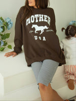 Mustang Mother Crewneck Sweatshirt in espresso brown features the mother and mustang on the front a ladies crewneck at boltranchstore.com