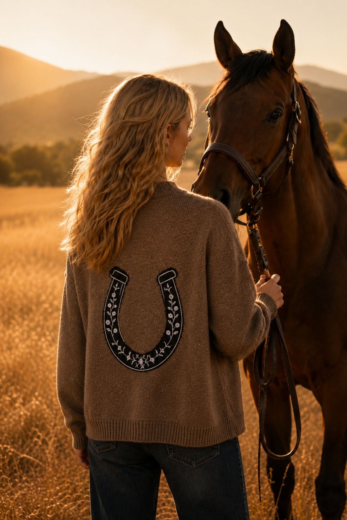 27 Miles Malibu Noriko Cashmere Cardigan with Horse Shoe Graphic root and black cashmere cardigan womens western boutique Utah SKU NORIKOROTBL Boltranchstore.com