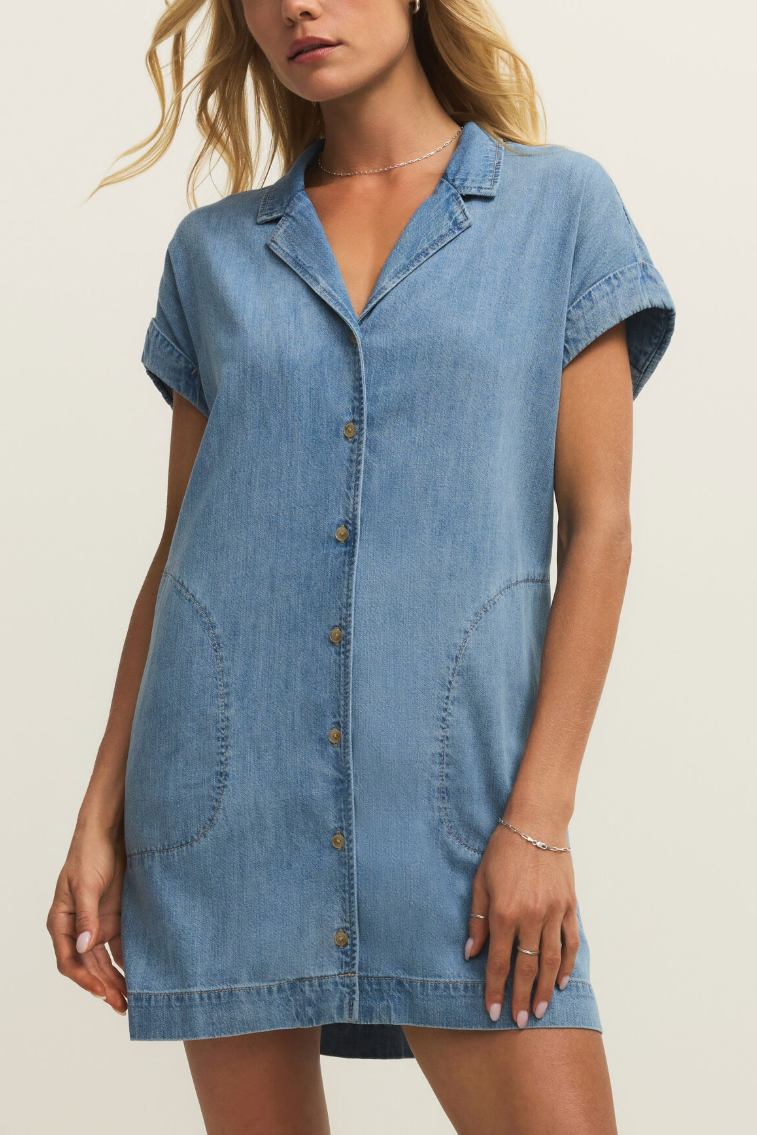 Z Supply Napa Denim Mini Dress find at boltranchstore.com free shipping western boutique