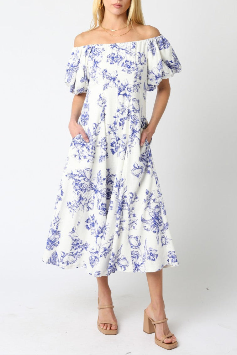 Nella Floral Dress Olivaceous at Bolt Ranch Store womens blue floral dress wedding party off shoulder midi cream and blue beautiful trendy popular boltranchstore.com