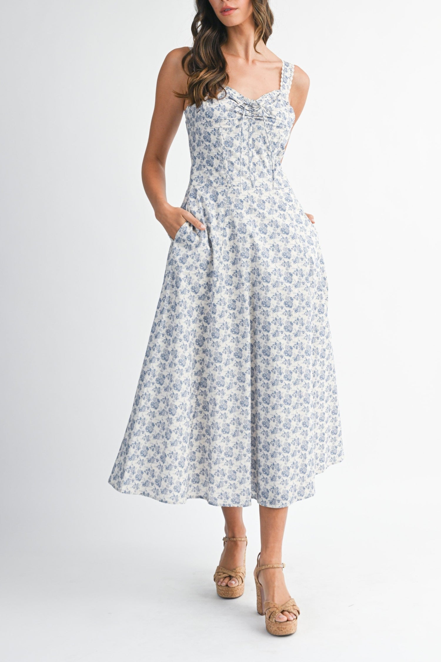 Nina Floral midi dress ruched bodice summer sleeveless casual party dress free shipping at Boltranchstore.com 