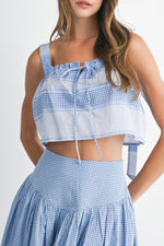 Noel Gingham Border Stripe Top womens crop top summer sleeve blue gingham at Boltranchstore.com free shipping