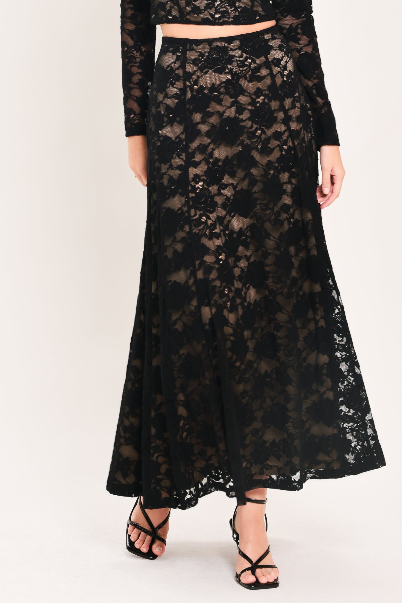 Womens western fashion Noir Lace Moonrise Woven Lace Circle Skirt fully lined with a brown skirt and lace overlay midi skirt 