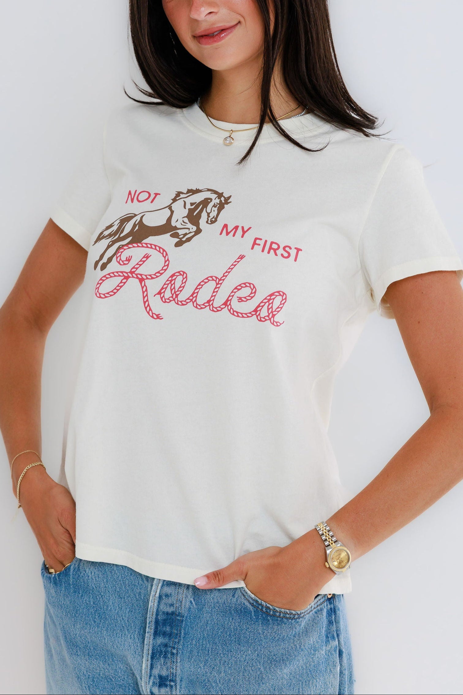 Not My First Rodeo Sunny Somewhere femme tee Womens western fashion Boltranchstore.com Free Shipping womens short sleeve horse cowboy t