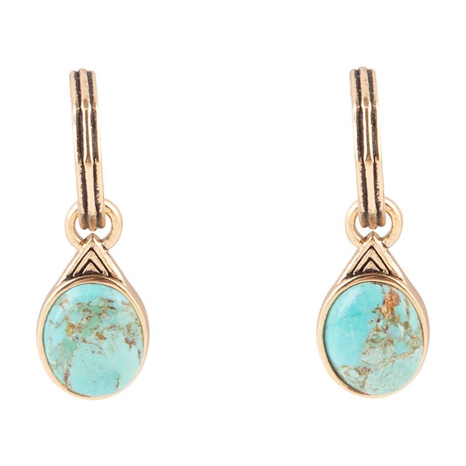 A pair of gold drop earrings featuring oval turquoise cabochon stones with natural matrix, set in a teardrop-shaped bezel with geometric triangular detailing on the gold setting.Nova Half Hoop Turquoise and Bronze Earrings at boltranchstore.com free shipping