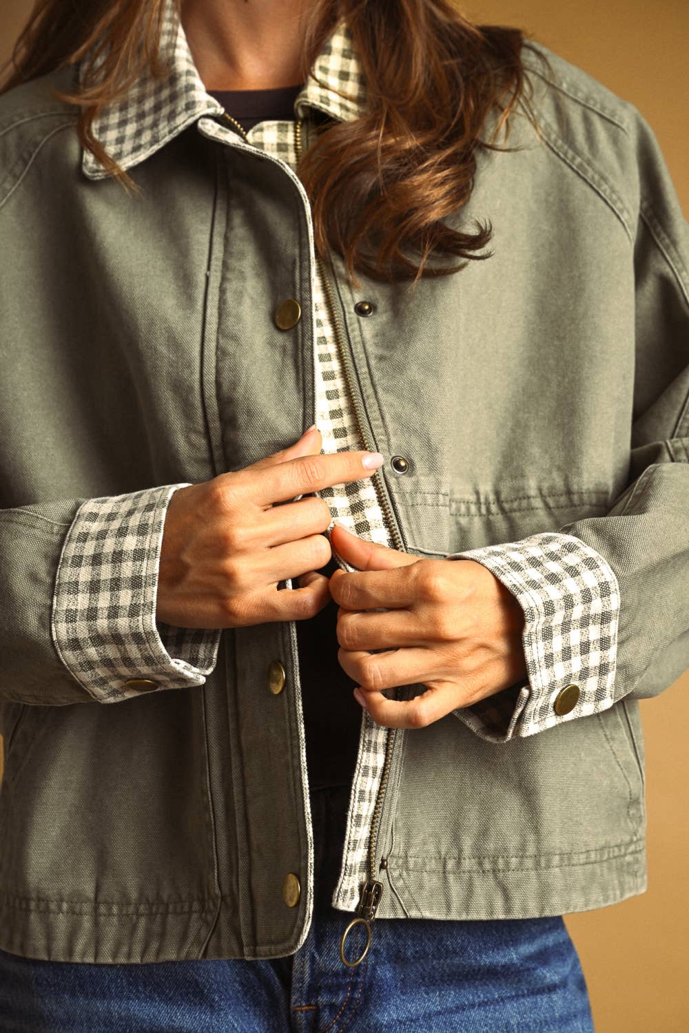 Nova Twill Jacket 100% Cotton womens barn jacket plaid gingham trim cute miou muse Boltranchstore.com Free Shipping
