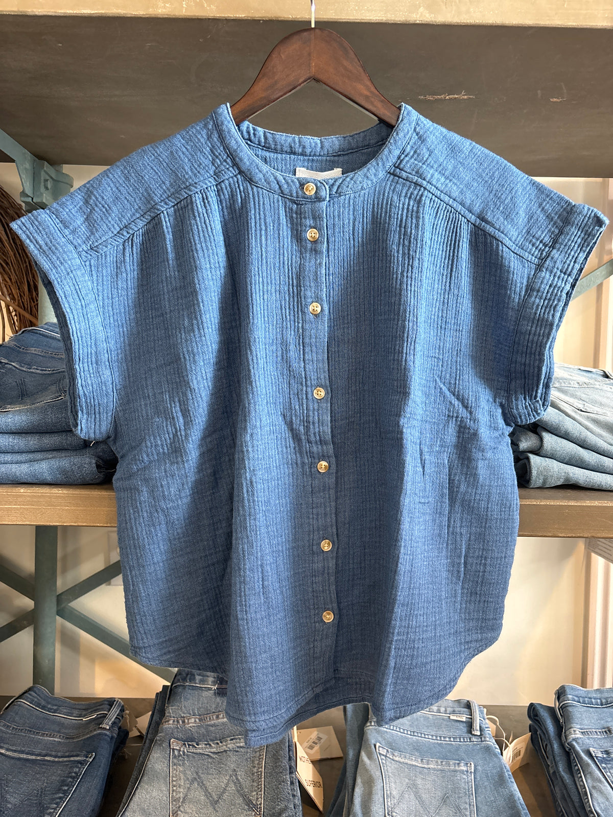 Novalie Top thread and supply womens blue denim gauze cotton short sleeve top Boltranchstore.com Free Shipping T4357CGZTS