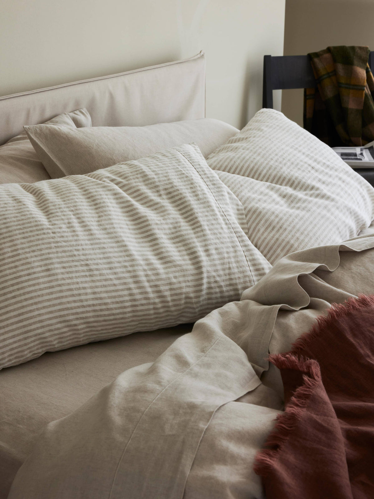 Oatmeal Stripe 100% Linen Pillowcases Piglet in Bed UK england USA free shipping neutral stripe linen pillowcase standard oatmeal color Boltranchstore.com western country chic ballerina farm