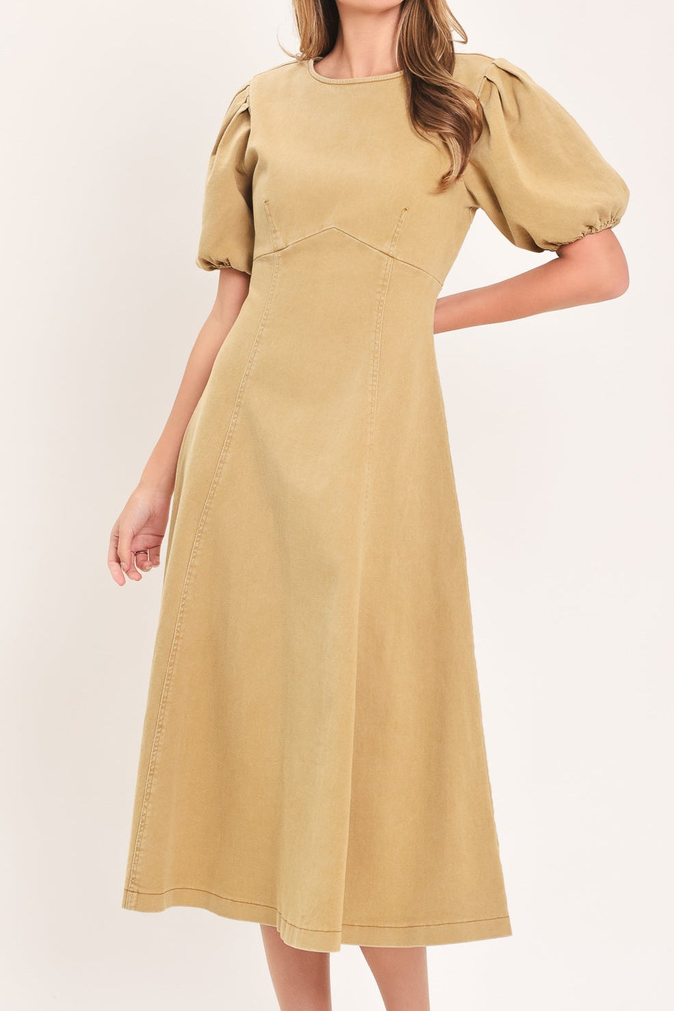 Womens fashion Ochre Cottage Poise Woven Midi Dress in a camel puff sleeve with a round neckline with an A line waist 
