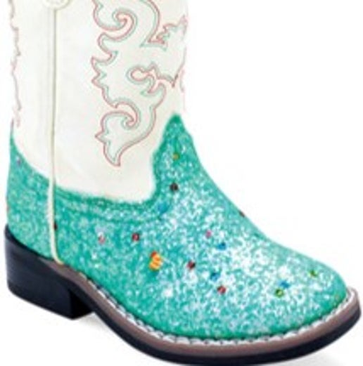 Old West Square Toe Cowgirl Boots - Blue Glitter