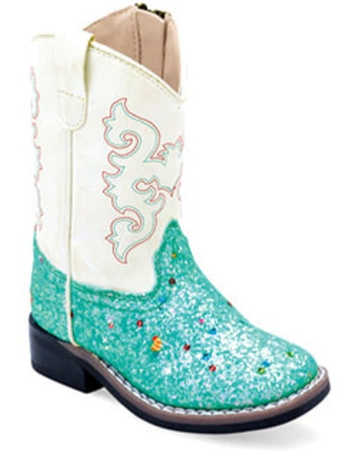 Old West Square Toe Cowgirl Boots - Blue Glitter