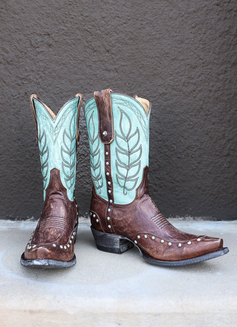 Old Gringo Womens 10 inch Cizea Boot brown leather and aqua blue boot shaft in stock near me