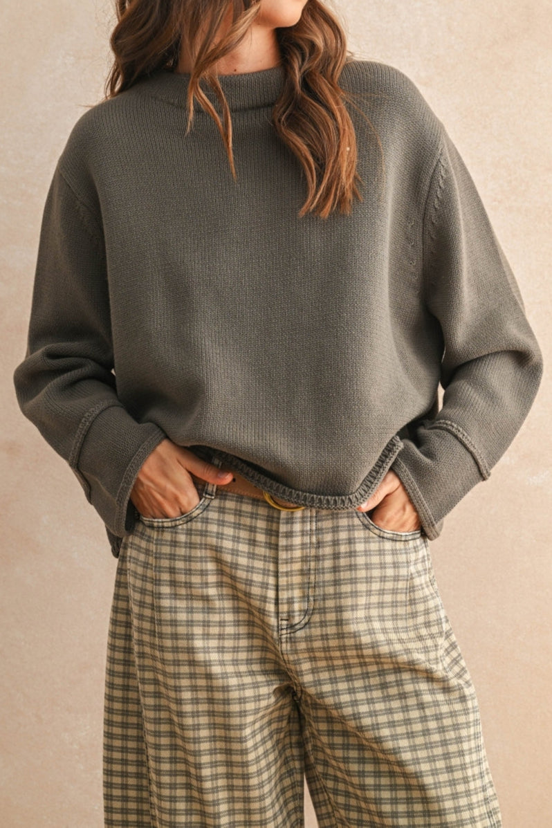 Olive Rolled Neck Sweater Top a warm and cozy sweater for your fall outfit order at boltranchstore.com