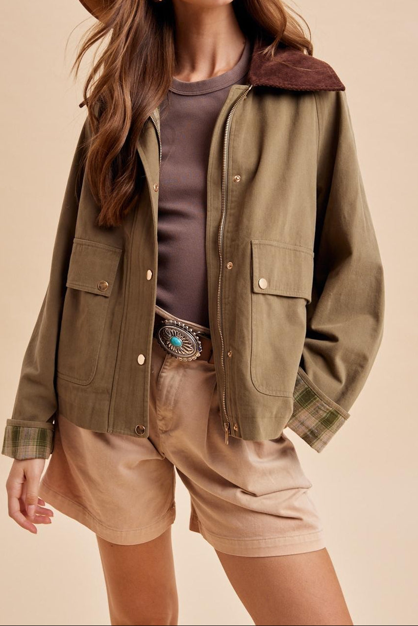 Olivia Olive Barn Jacket a zip up button up front, two front pockets, corduroy collar 