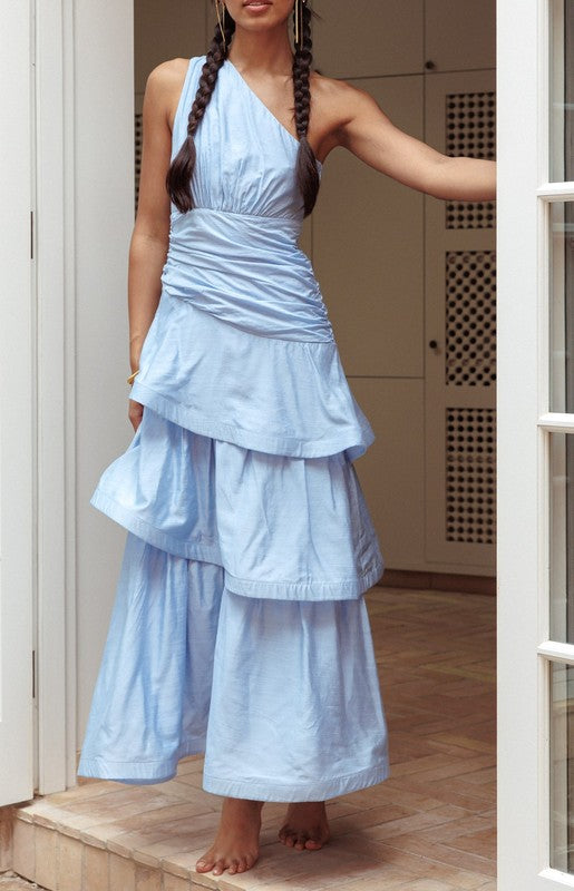 One Shoulder Sash Tiered Skirt Maxi Dress