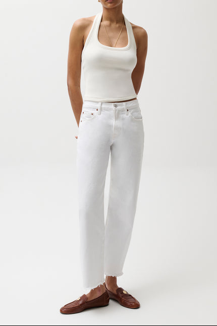 Pistola Lexi Mid Rise Bowed Straight Luxe White womens jeans white jeans cropped ankle length and raw hem in Pistola Lexi Mid Rise Bowed Straight Luxe Whitestock 