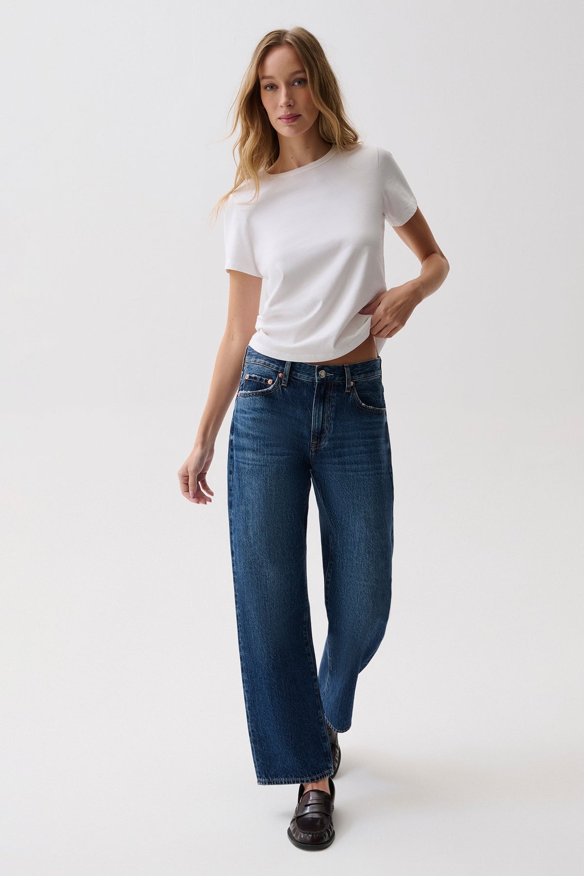 Lexi Mid Rise Bowed Straight Jean Moonwave easy fit through the thigh with a soft curve at the knee womens western clothing