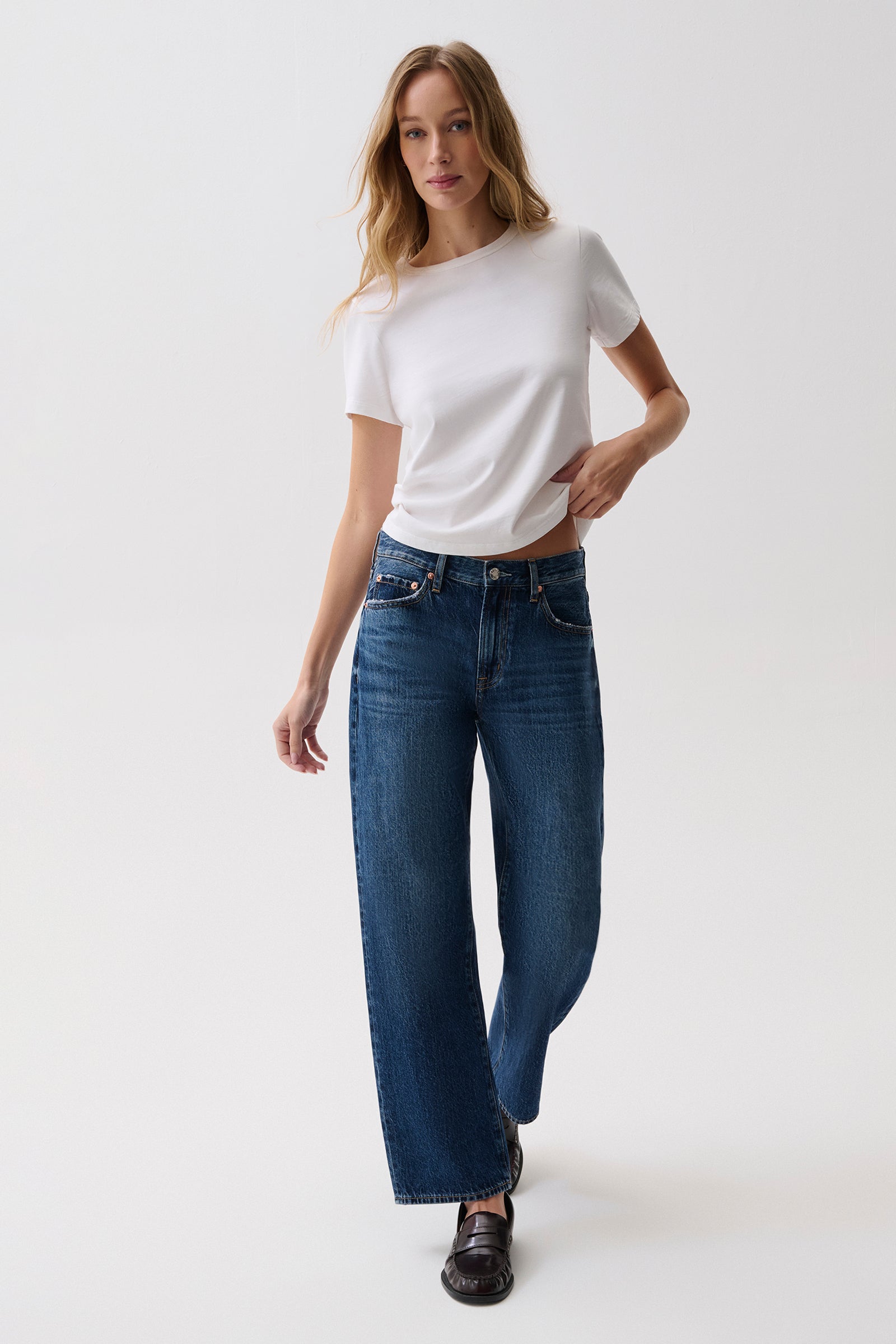 Lexi Mid Rise Bowed Straight Jean Moonwave easy fit through the thigh with a soft curve at the knee womens western clothing