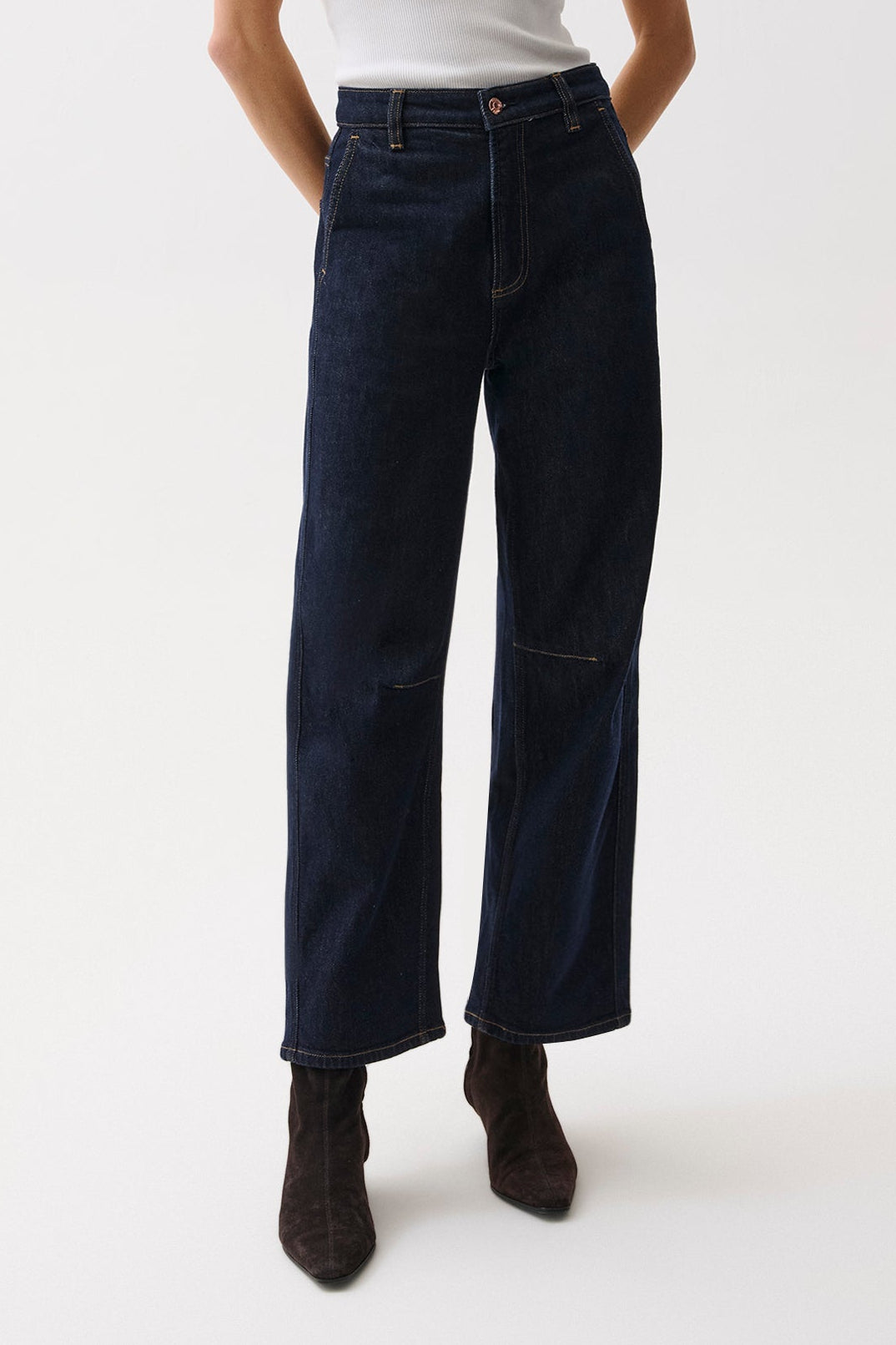 Pistola Beau Seamed Crescent Jean Nightfall dark indigo rinse denim jean with a bowed straight leg womens western boutique Utah SKU P00017000