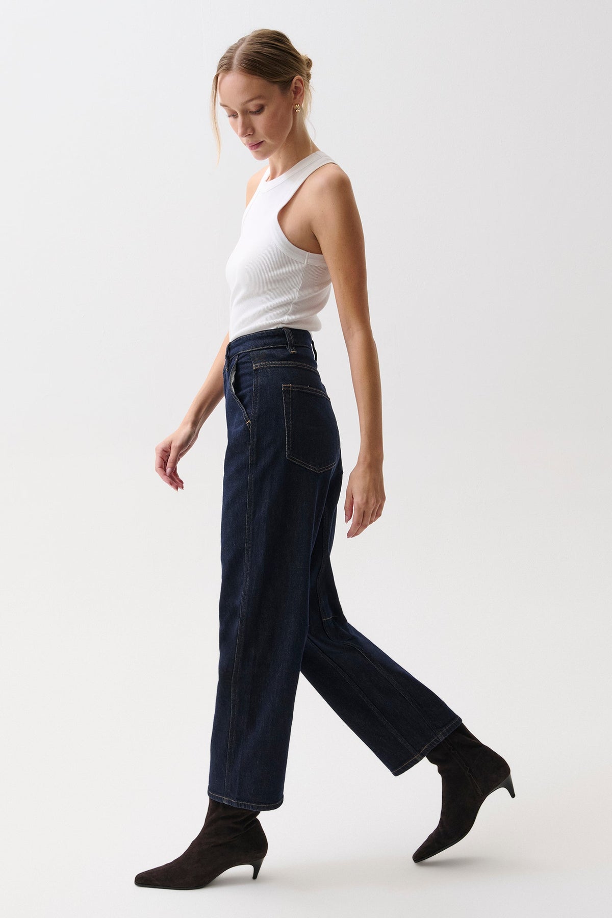 Pistola Beau Seamed Crescent Jean Nightfall dark wash jean that softens with wear styled with ankle boots for ranch wear and rodeo nights