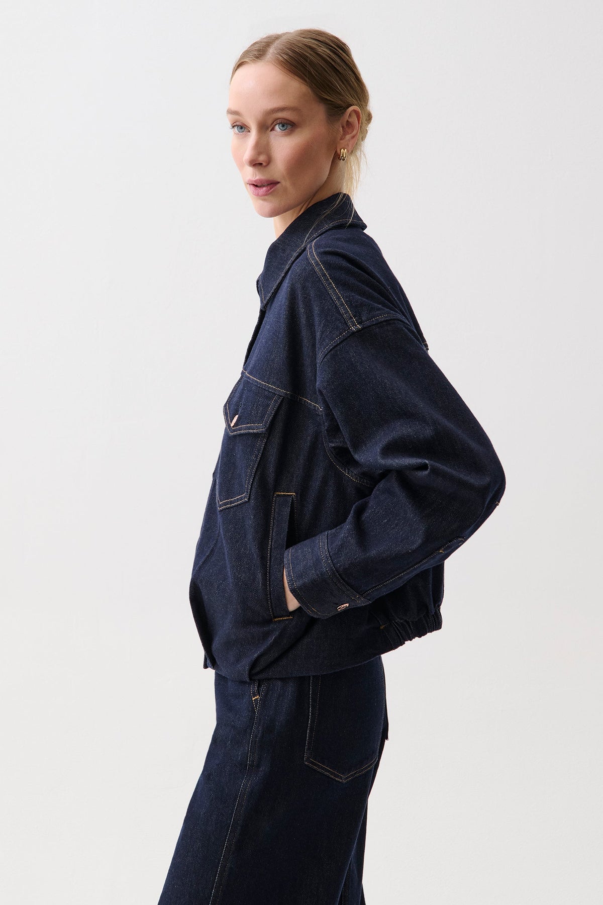 Pistola Bibi Blouson Jacket Nightfall cropped denim layer with a relaxed shoulder and full sleeves ranch wear