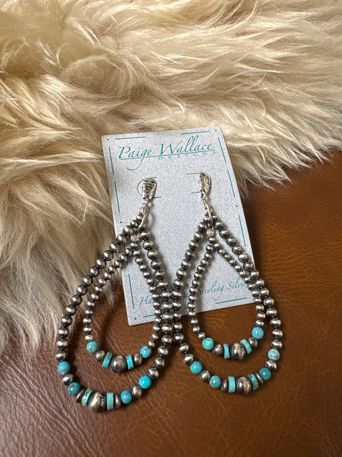 Paige Wallace Navajo Pearl Double Loop western sterling sliver earrings  turquoise cluster  jewelry at boltranchstore.com with free shipping navajo pearl 