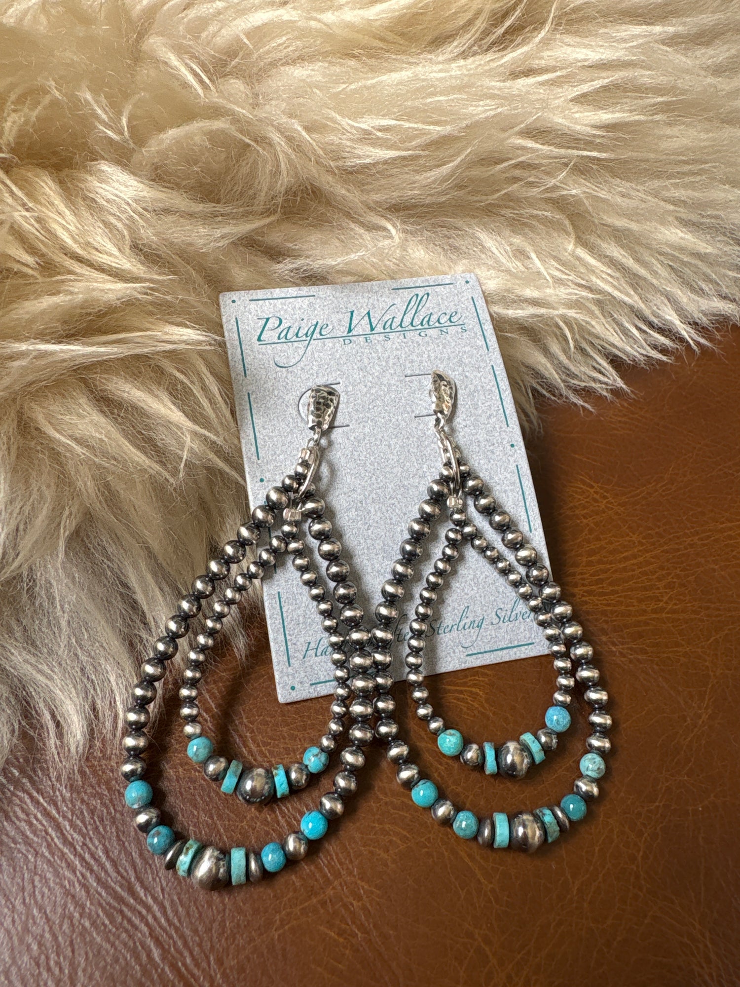Paige Wallace Navajo Pearl Double Loop western sterling sliver earrings  turquoise cluster  jewelry at boltranchstore.com with free shipping navajo pearl 