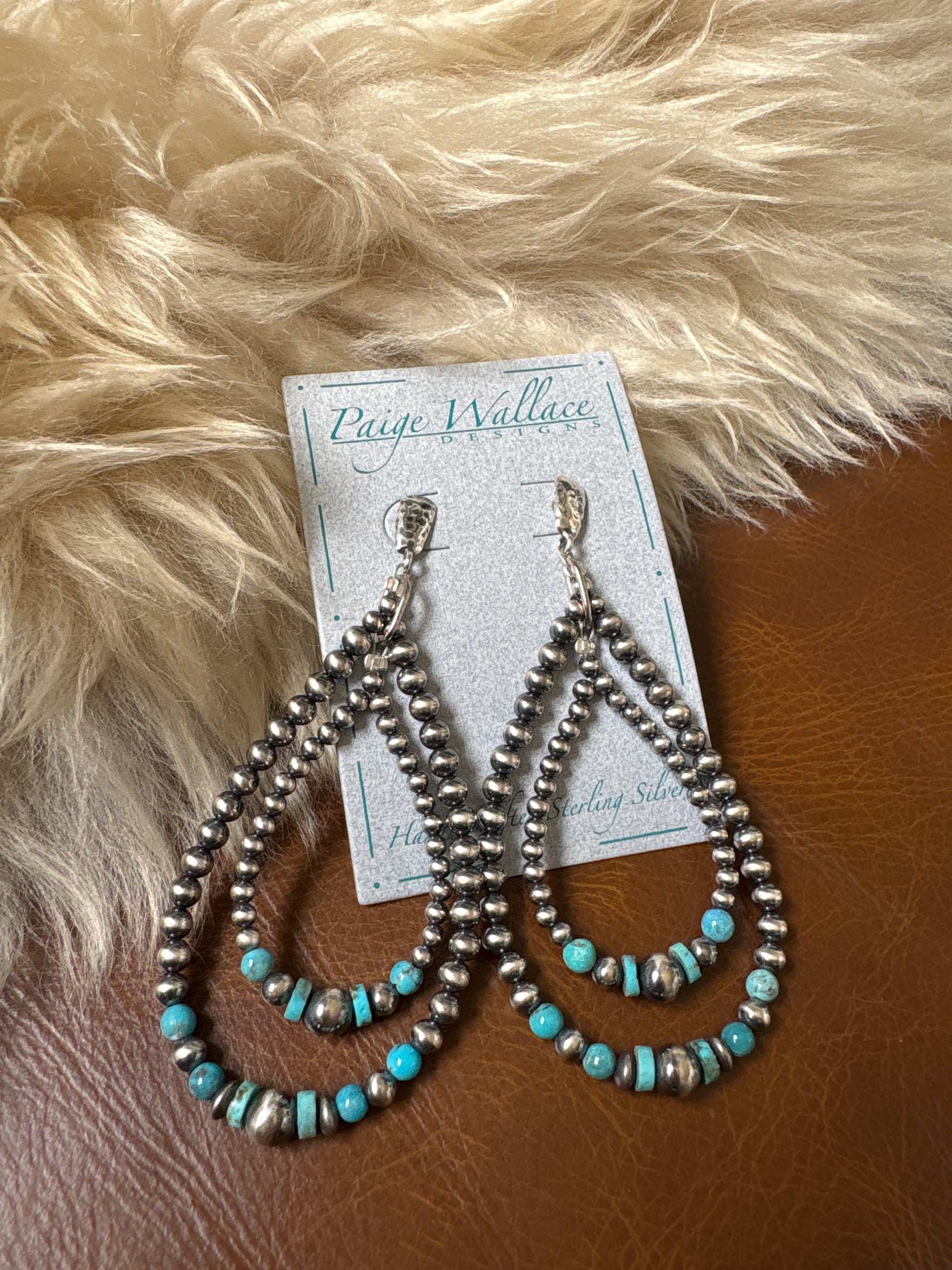 Paige Wallace Navajo Pearl Double Loop western sterling sliver earrings  turquoise cluster  jewelry at boltranchstore.com with free shipping navajo pearl 