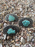 Paige Wallace Oval Turquoise Center Buckle with various sizes of turquoise center with texture and rope detail at boltranchstore.com