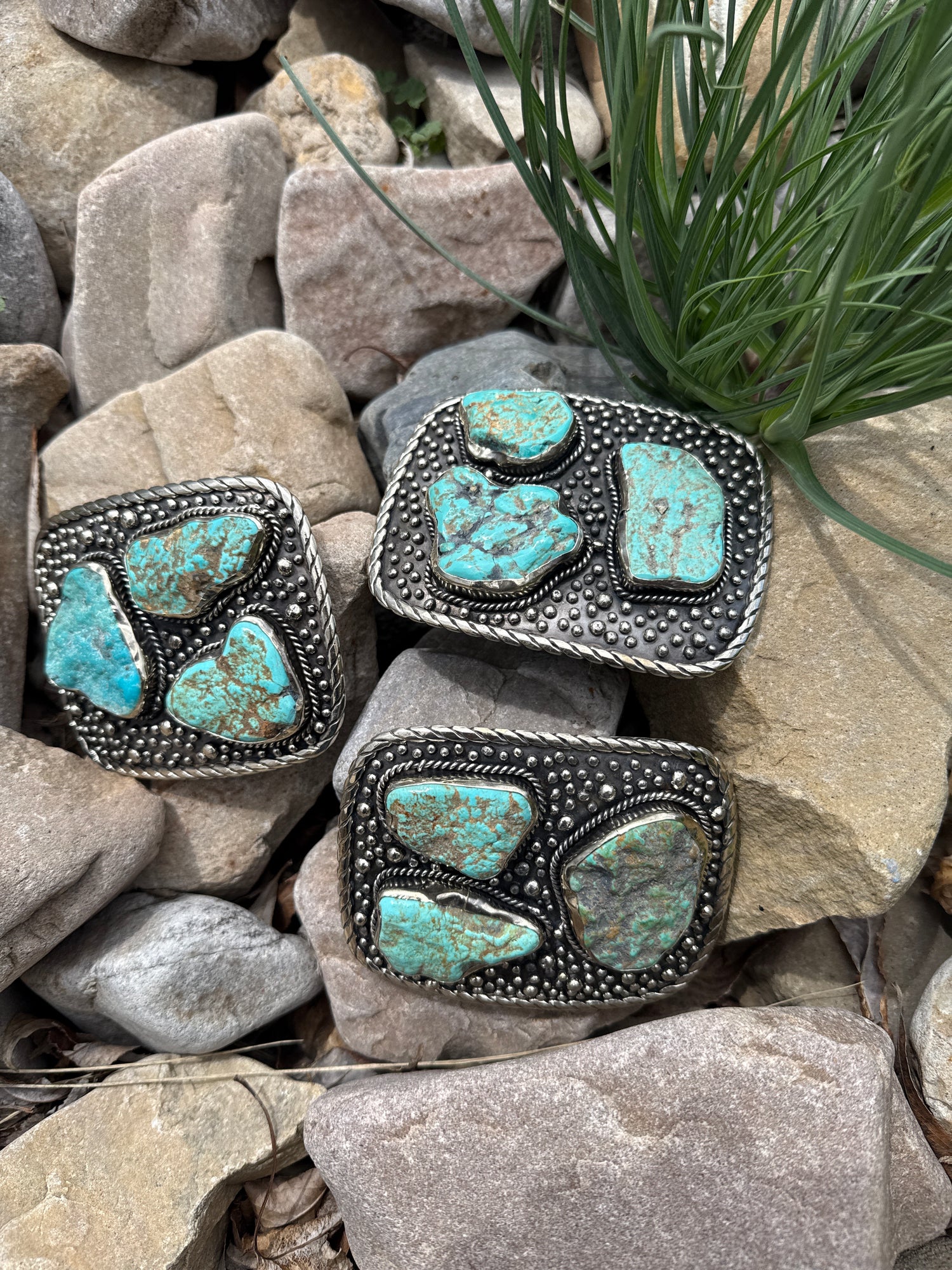 Paige Wallace Rectangle 3 Turquoise Stone Buckle with sterling silver at boltranchstore.com