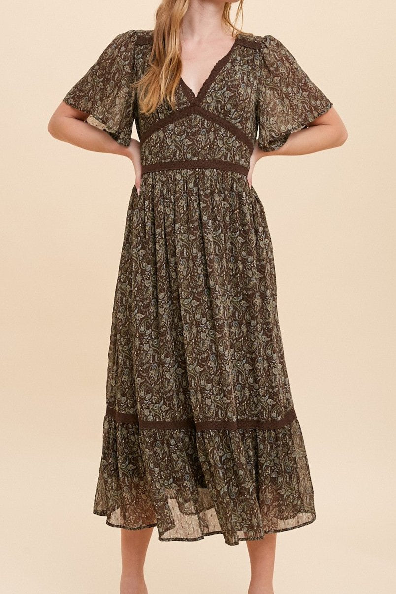 Paisley Flutter Sleeve Midi Dress