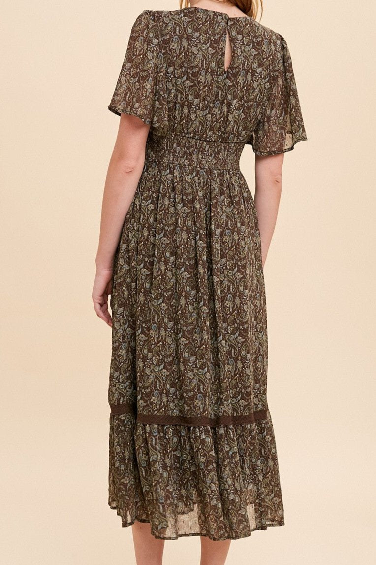 Paisley Flutter Sleeve Midi Dress