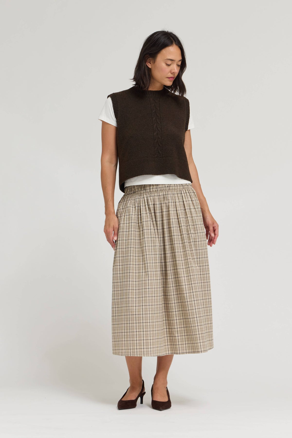 Patricia Plaid Smocked Skirt beige and brown plaid midi skirt fall free shipping bolt ranch store