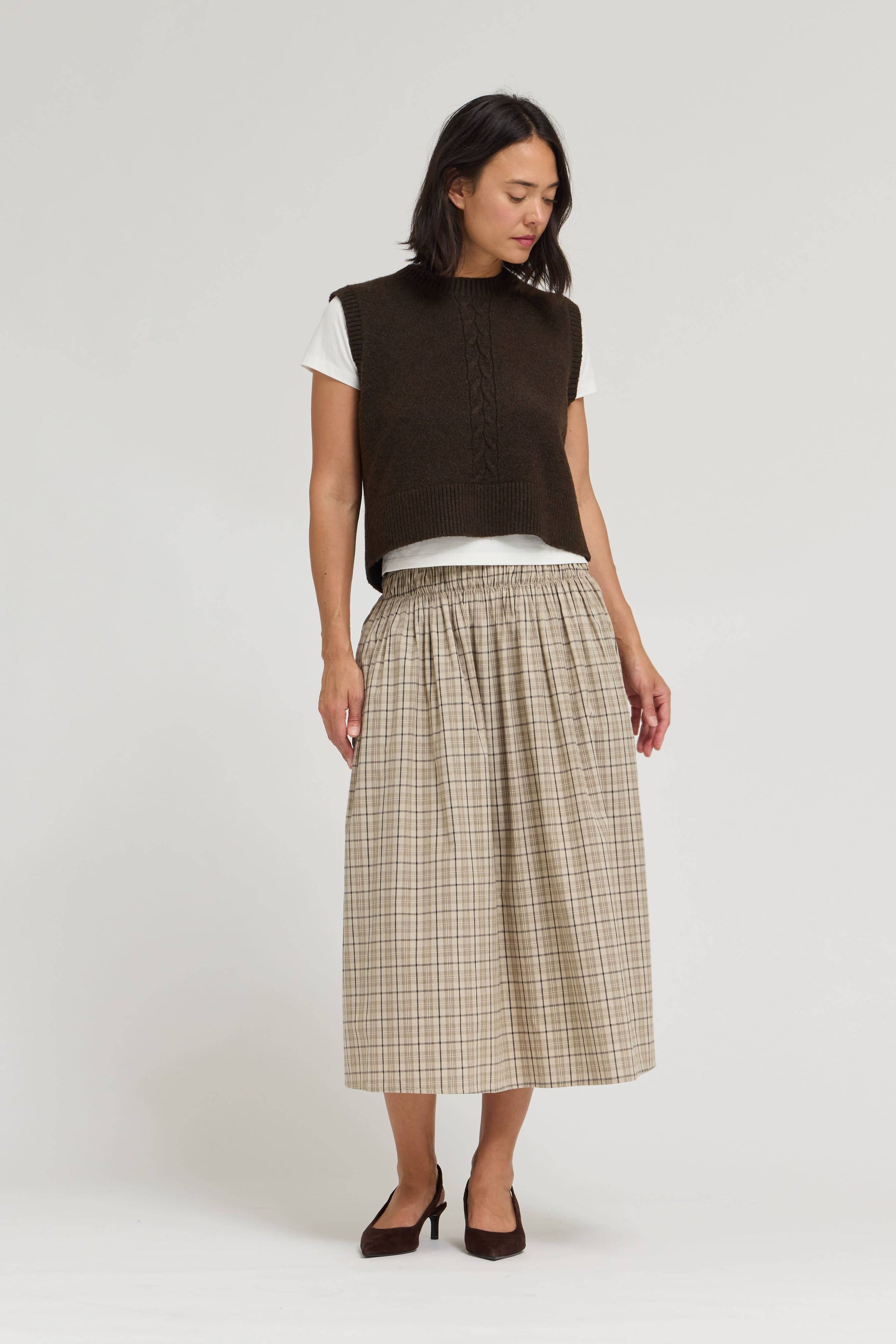 Patricia Plaid Smocked Skirt beige and brown plaid midi skirt fall free shipping bolt ranch store