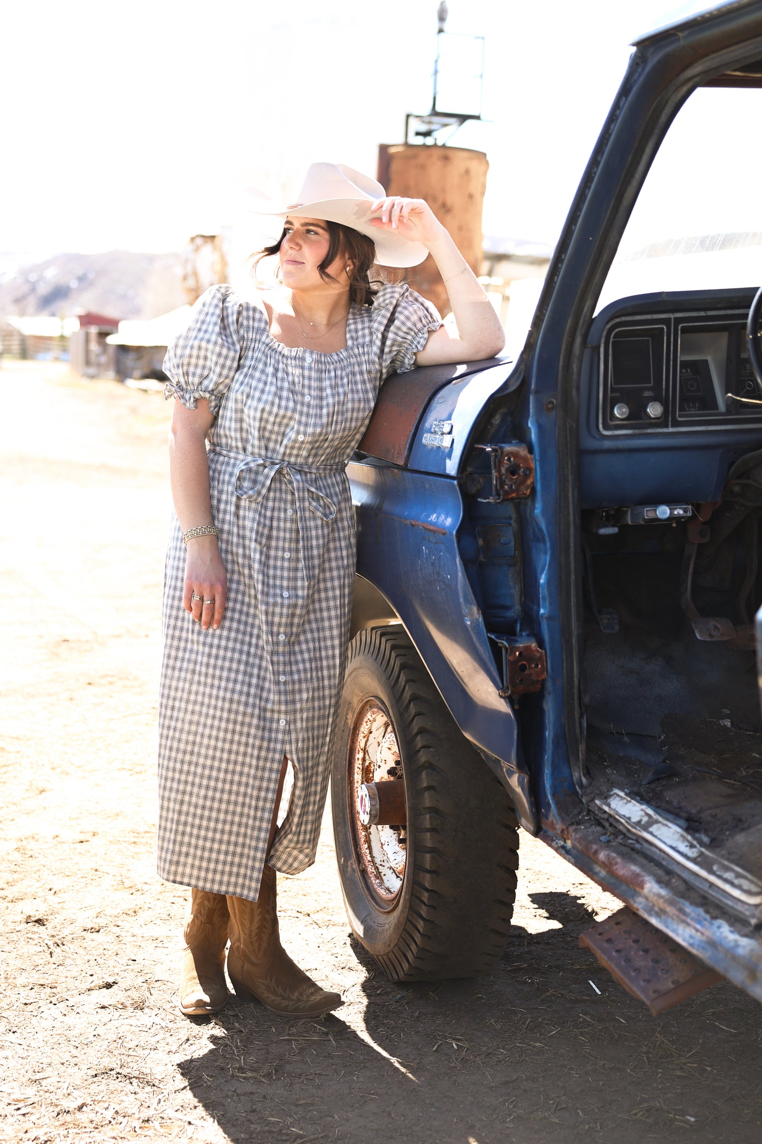 Patti Plaid Button Down Dress womens summer short sleeve plaid prairie dress with tie waist free shipping boltranchstore.com
