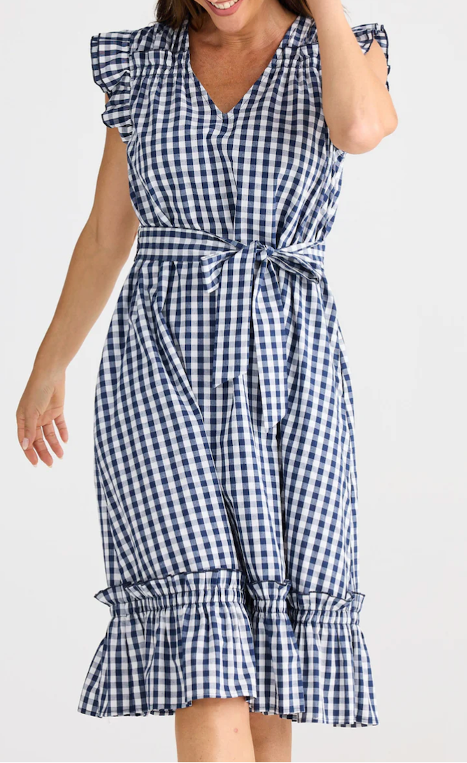 Paz Gingham Dress womens blue check gingham summer dress Boltranchstore.com Free Shipping flutter sleeve western fashion popular utah shopping boutique