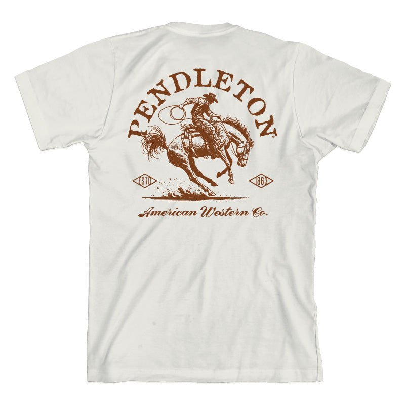 Pendleton American Western Graphic Tee a vintage white shirt with rust graphic of a bucking horse at boltranchstore.com