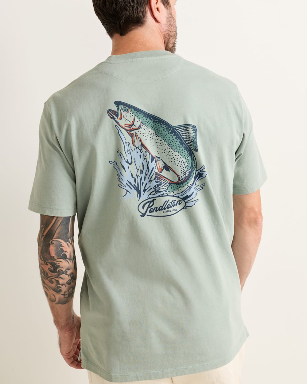 Pendleton Mens Deschutes Short Sleeve Salmon Tee in a light sage green tee with a trout graphic on the back available at boltranchstore.com