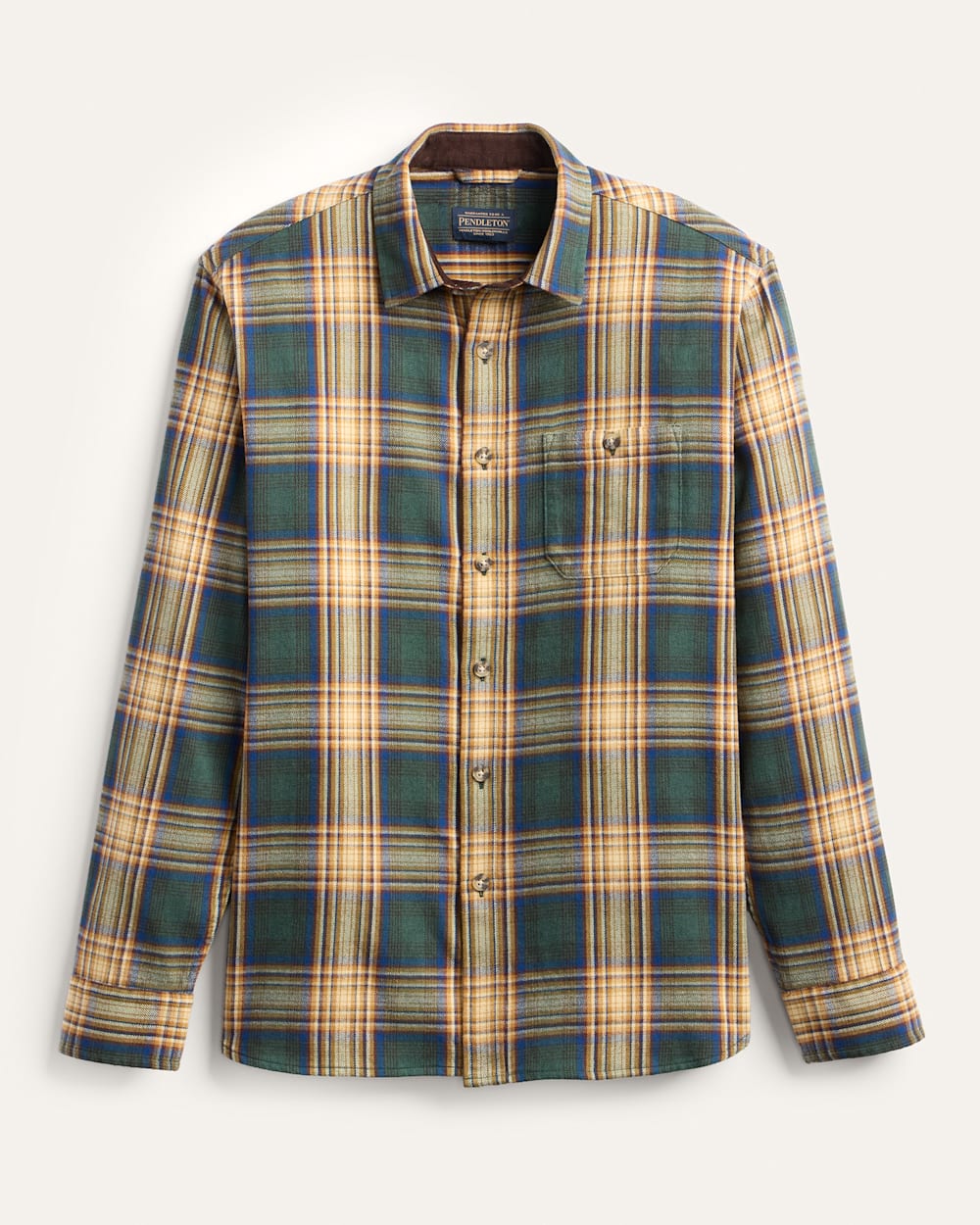 Pendleton Mens Fremont Flannel Shirt at boltranchstore.com in stock free shipping A long-sleeve button-up plaid shirt in green, beige, and blue mens fall winer flannel 