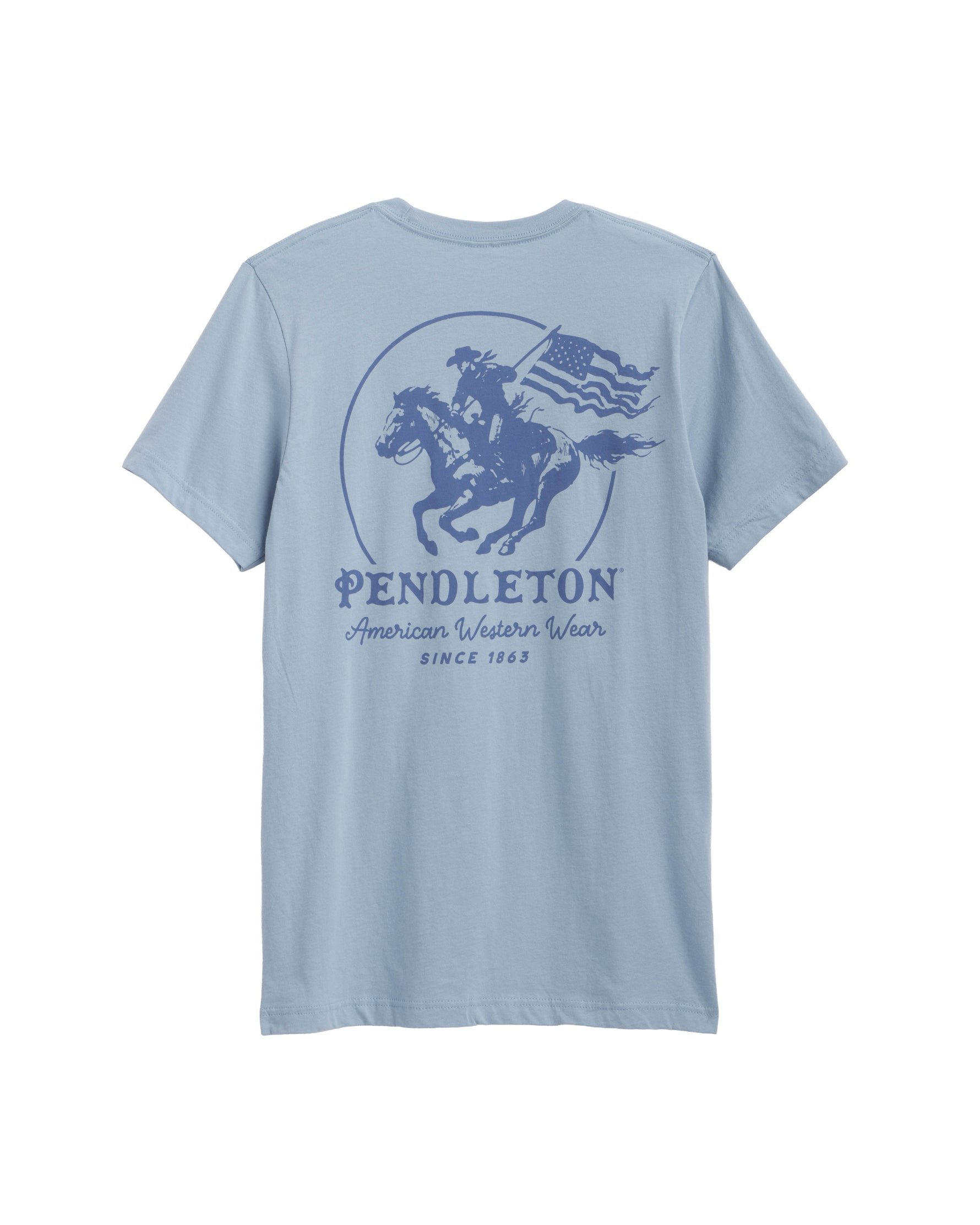 Pendleton Mens Heritage Western Tee a vintage denim with a horse graphic and American Flag on back at boltranchstore.com