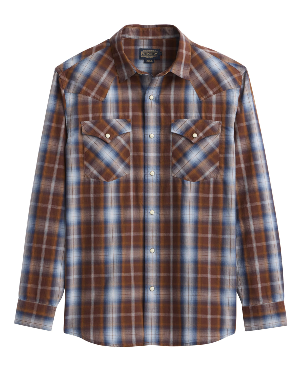 Pendleton Mens LS Frontier Shirt brown and navy plaid button up front and two button down pockets at boltranchstore.com
