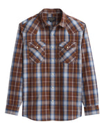 Pendleton Mens LS Frontier Shirt brown and navy plaid button up front and two button down pockets at boltranchstore.com