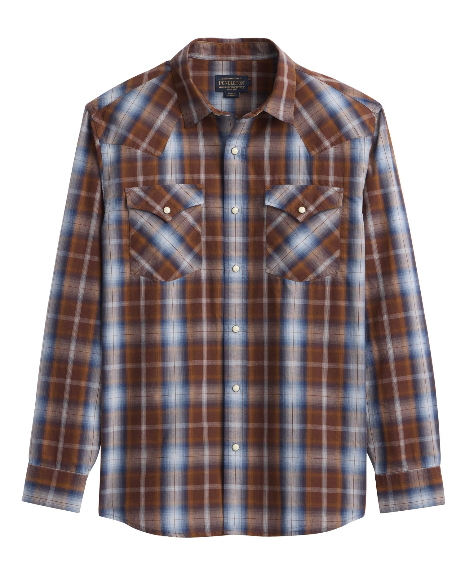 Pendleton Mens LS Frontier Shirt brown and navy plaid button up front and two button down pockets at boltranchstore.com