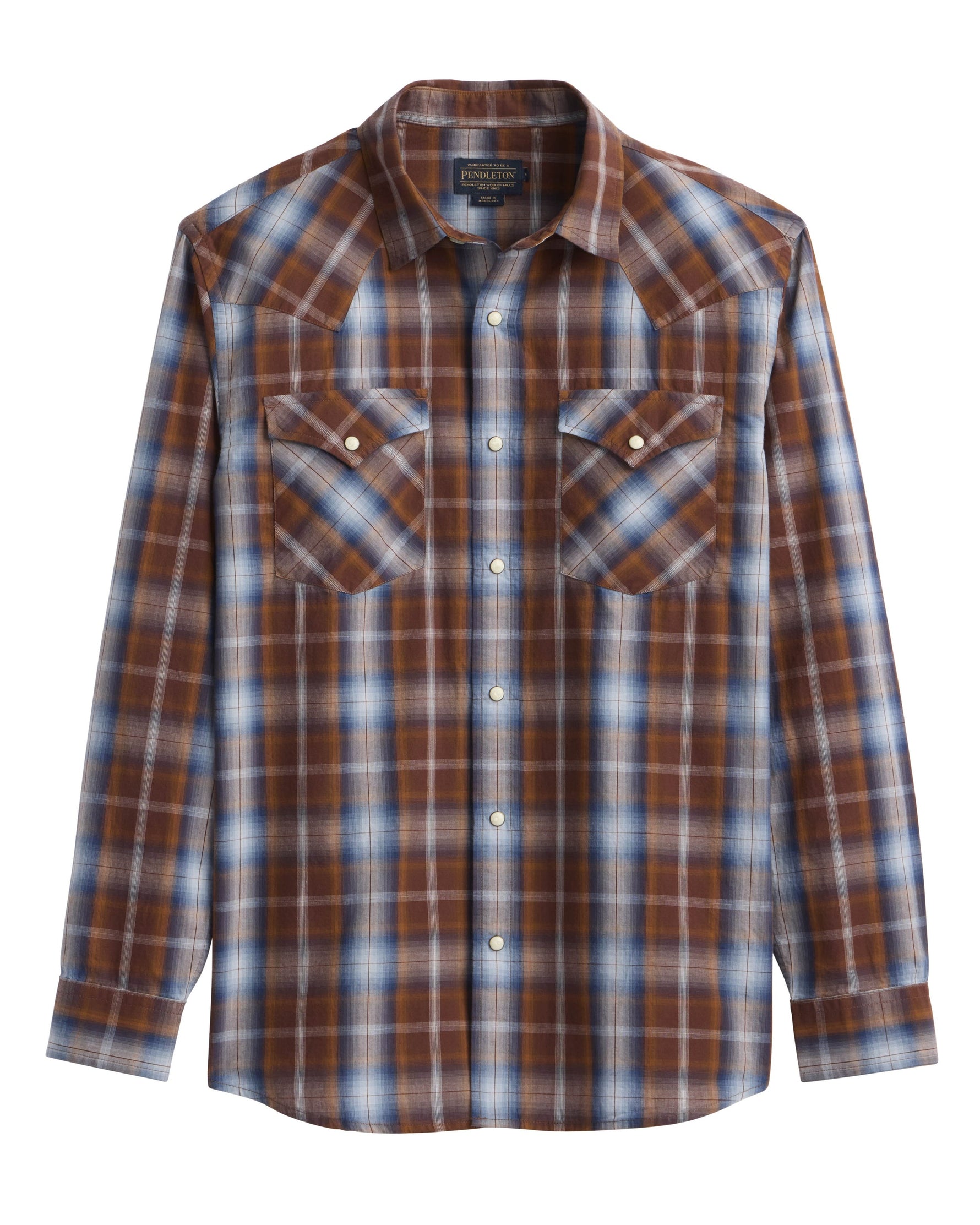 Pendleton Mens LS Frontier Shirt brown and navy plaid button up front and two button down pockets at boltranchstore.com