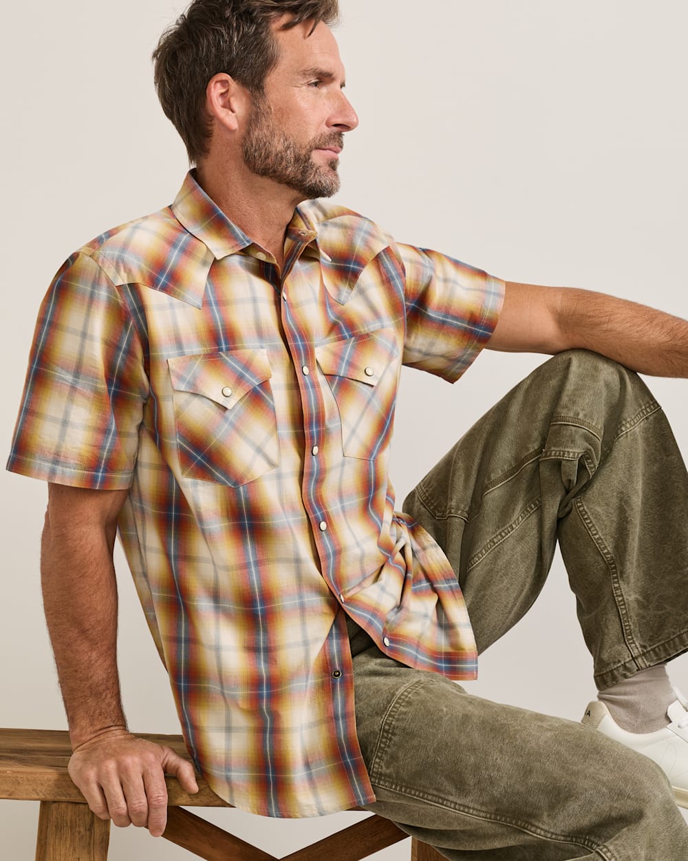 Pendleton Mens Plaid Frontier Shirt a snap up short sleeve shirt in a rust tan and blue plaid at boltranchstore.com