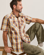 Pendleton Mens Plaid Frontier Shirt a snap up short sleeve shirt in a rust tan and blue plaid at boltranchstore.com