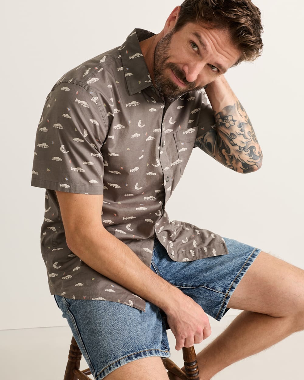 Pendleton Mens Short Sleeve Shoreline Cotton Shirt in a button up with collar and fish and fly print throughout on a gray shirt at boltranchstore.com