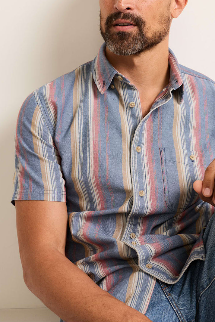 Pendleton Mens Short Sleeve Stripe Bayside Shirt in a button up front at boltranchstore.com blue stripes pink yellow spring 2026